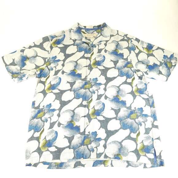 Tommy Bahama Shirt Mens Large Blue Floral Print Hawaiian Wood Button‎ 100% Silk - Picture 1 of 11